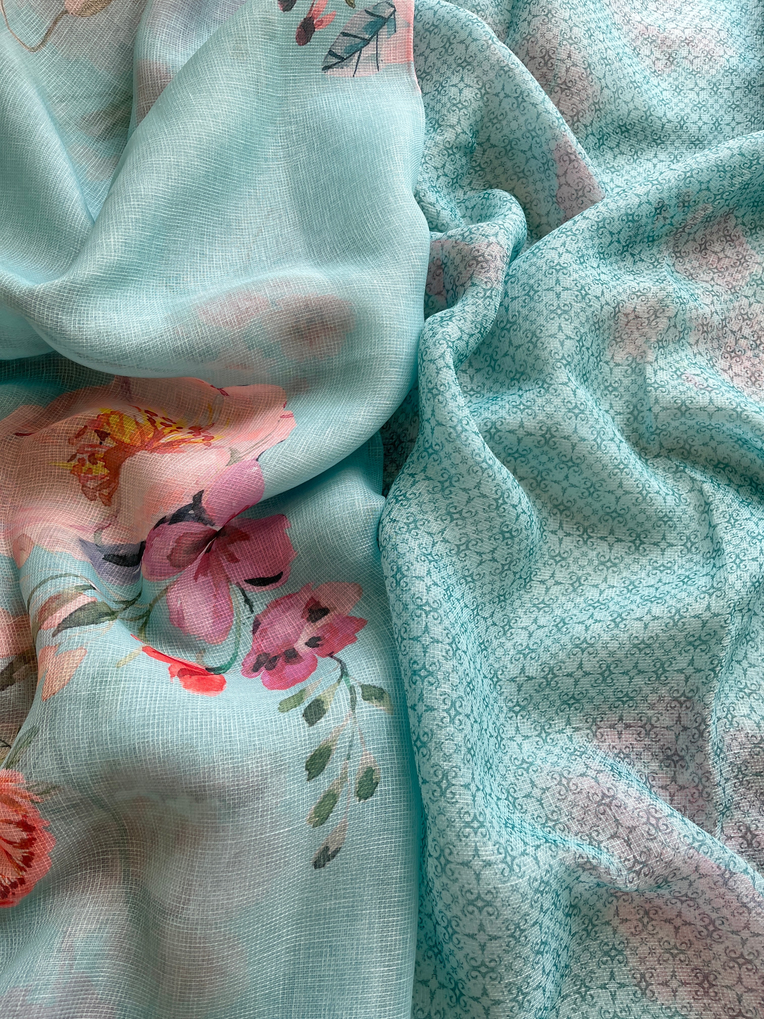 Blue Floral linen Silk Saree
